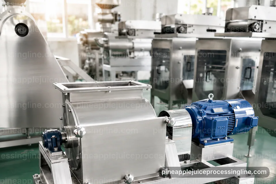 industrial pineapple juice processing line, feed and output handling: pineapple crusher press operating stage