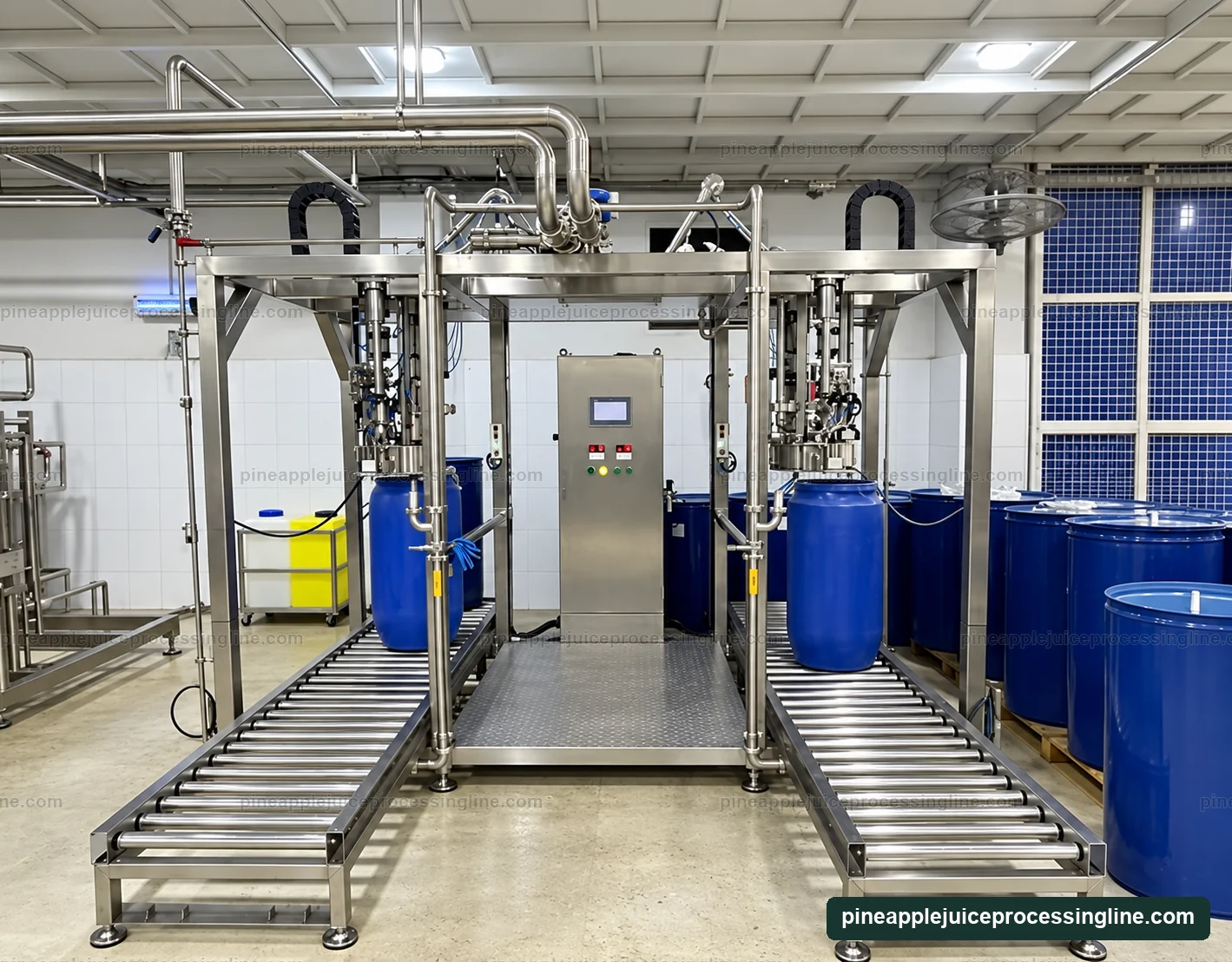 Two-position aseptic bag filler with a central cabinet, drum rollers and blue drums