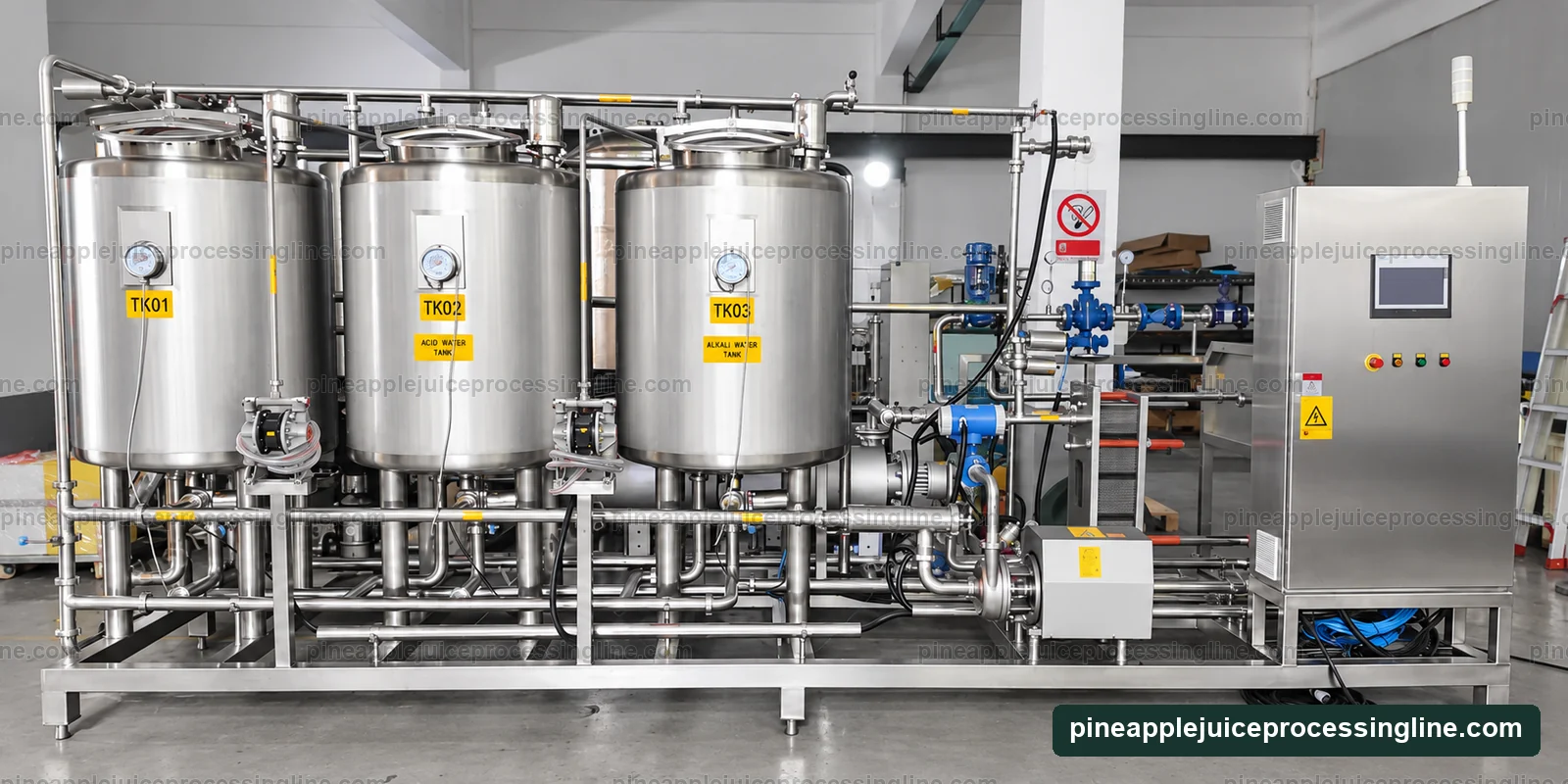 Three-tank cleaning skid with gauges, lower pumps, connecting valves and a right-side cabinet