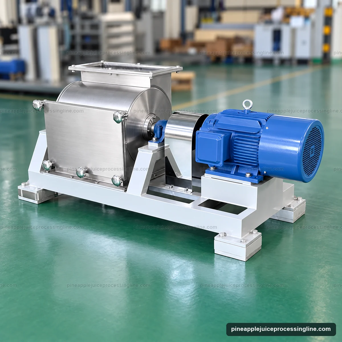 Enclosed horizontal fruit crusher with top inlet, bolted end cover and guarded drive connection