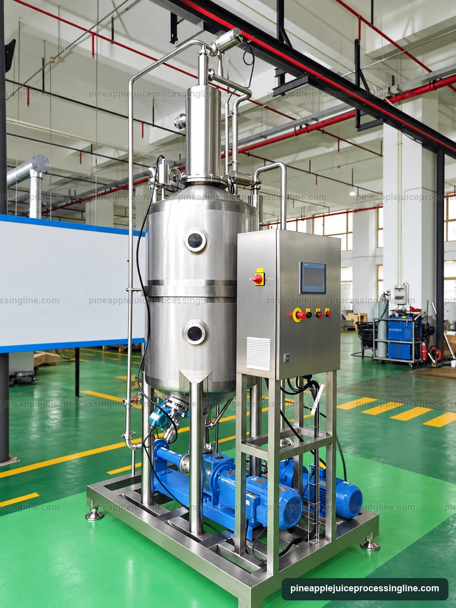 Vertical vacuum vessel with connected pipework and a side-mounted control enclosure