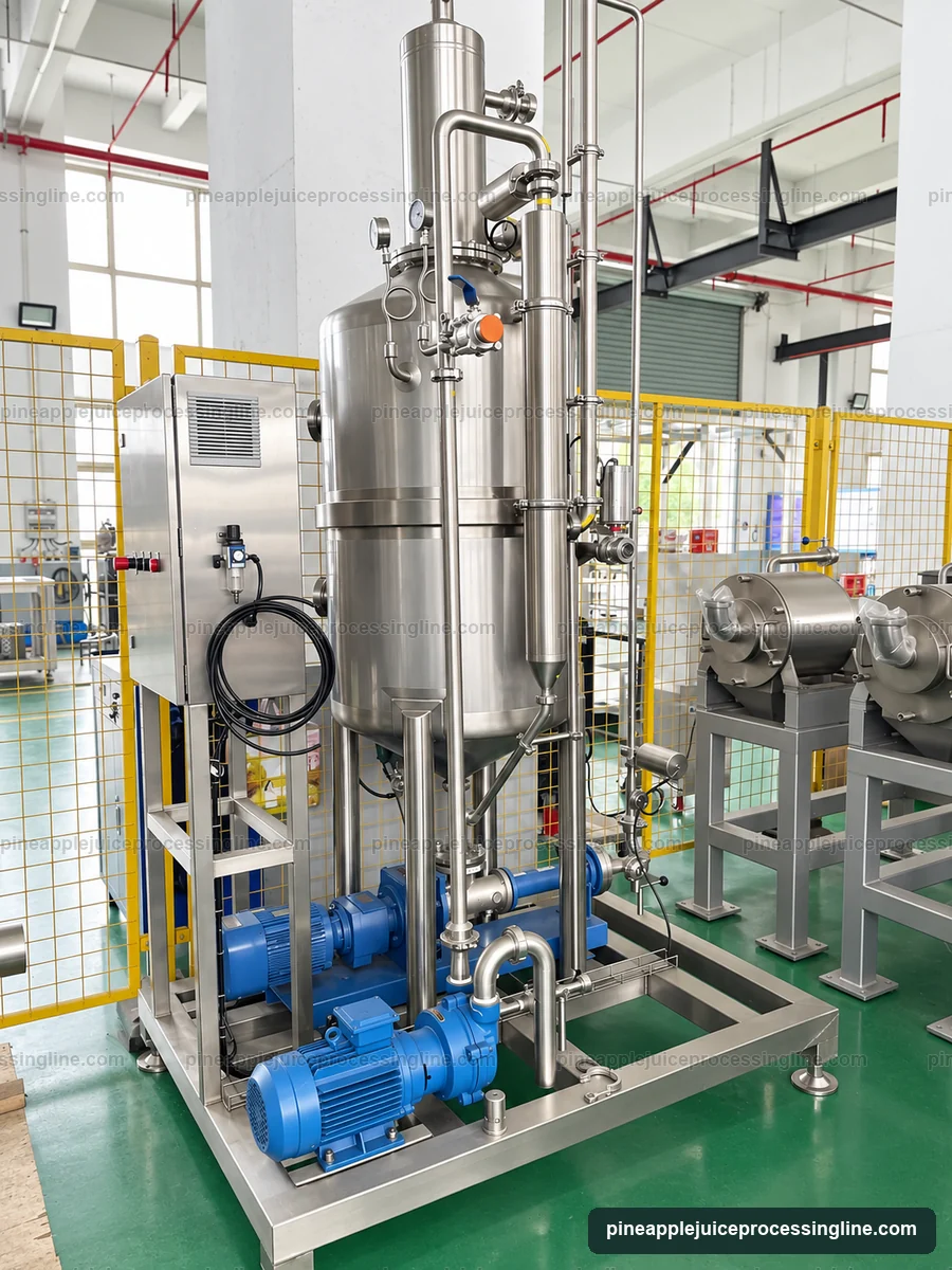 Vertical vacuum vessel with upper column, gauges, lower blue drives and left-side control cabinet