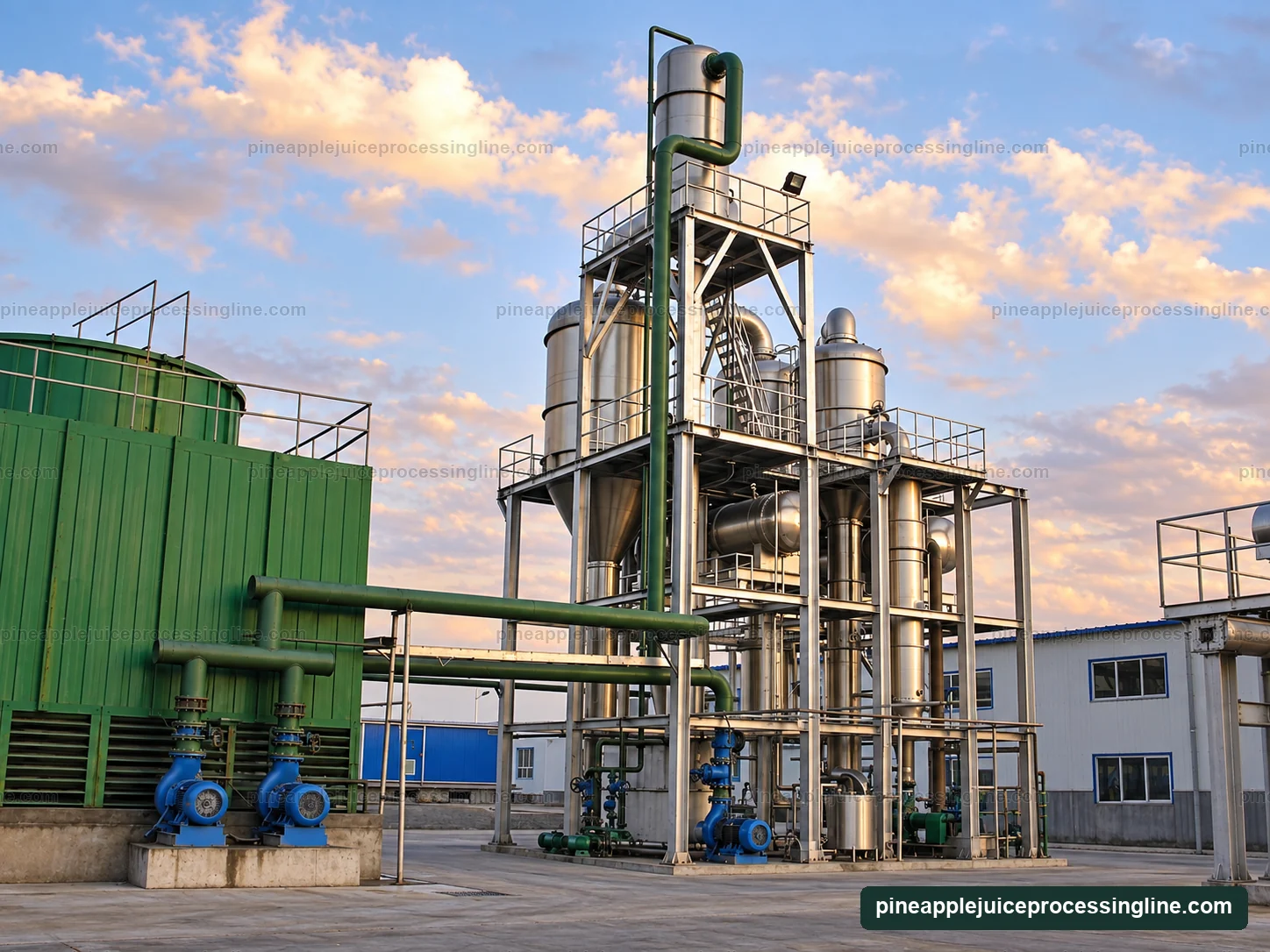 Tall process vessels connected by platforms and pipework in an evaporation installation