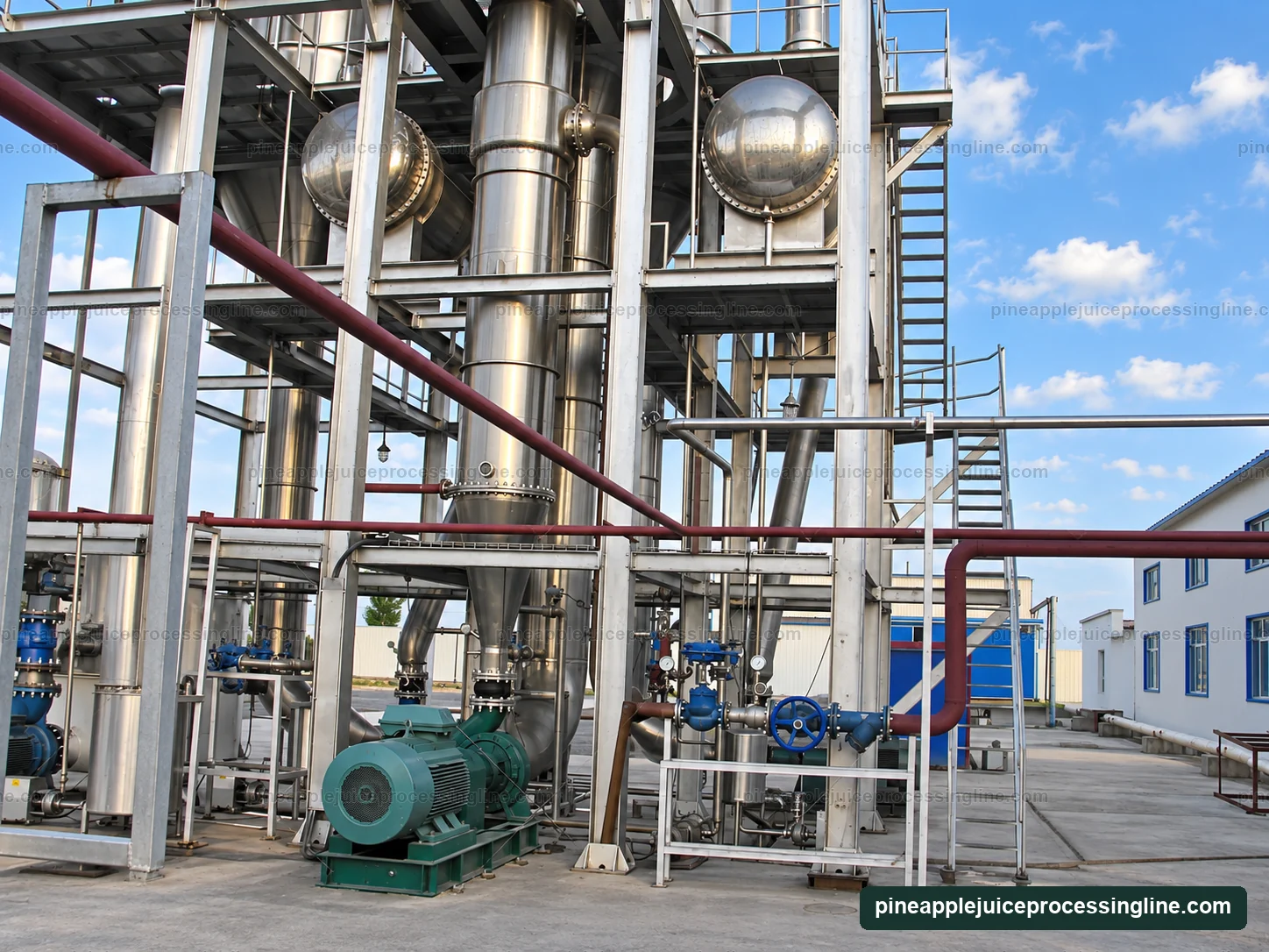 Lower process pipework and pump connections beneath evaporation vessels