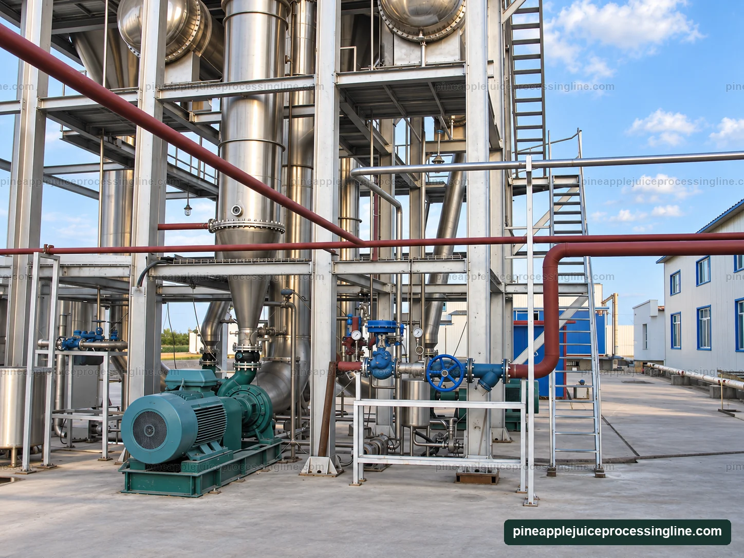 Pipes, valves and connections around the lower section of an evaporation installation