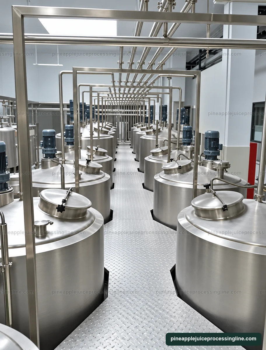 Rows of process tanks with top drives, access covers, a walkway and overhead pipes
