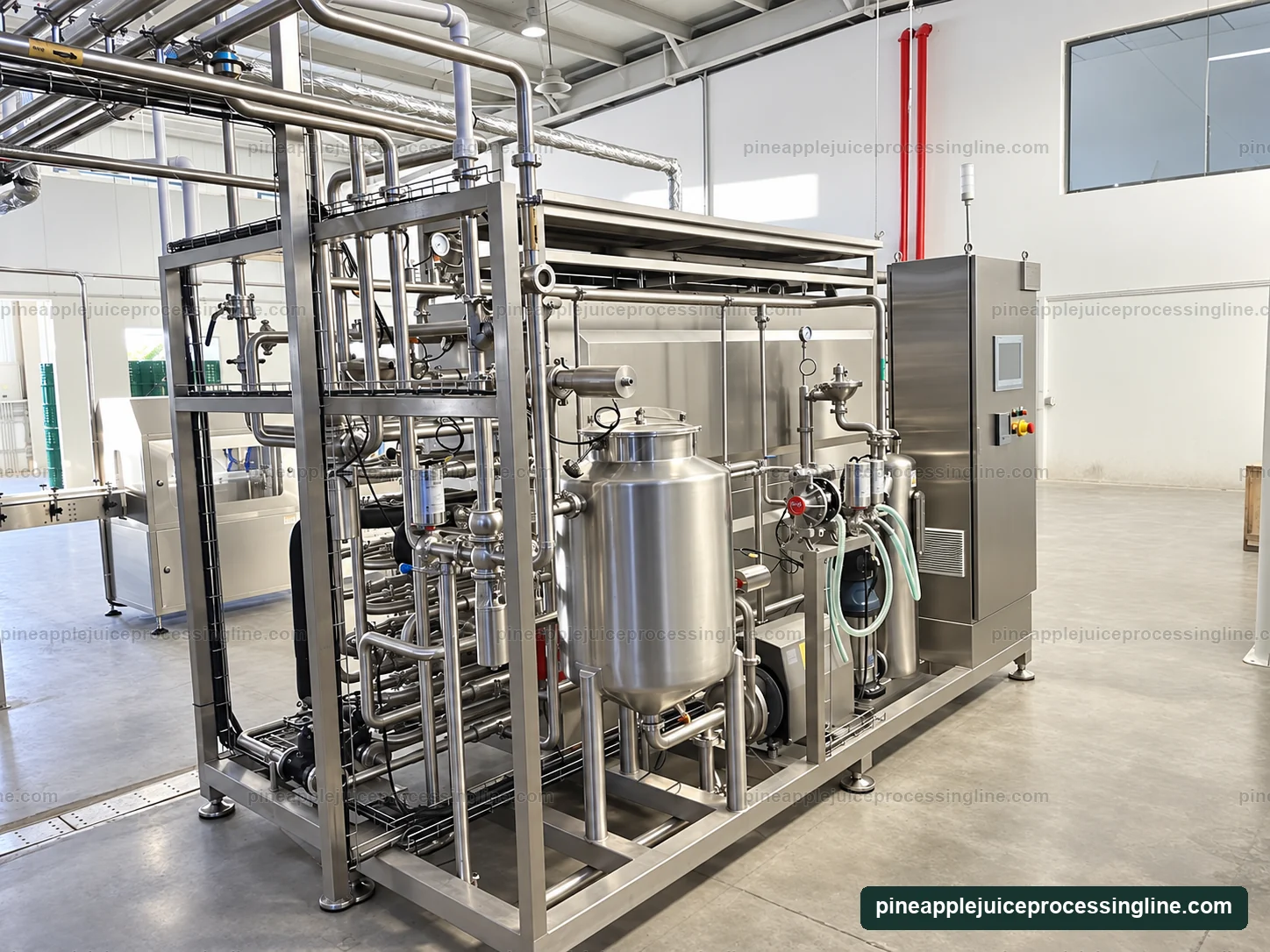 Tubular processing skid with horizontal pipe banks, central vessel, pumps and right-side control cabinet