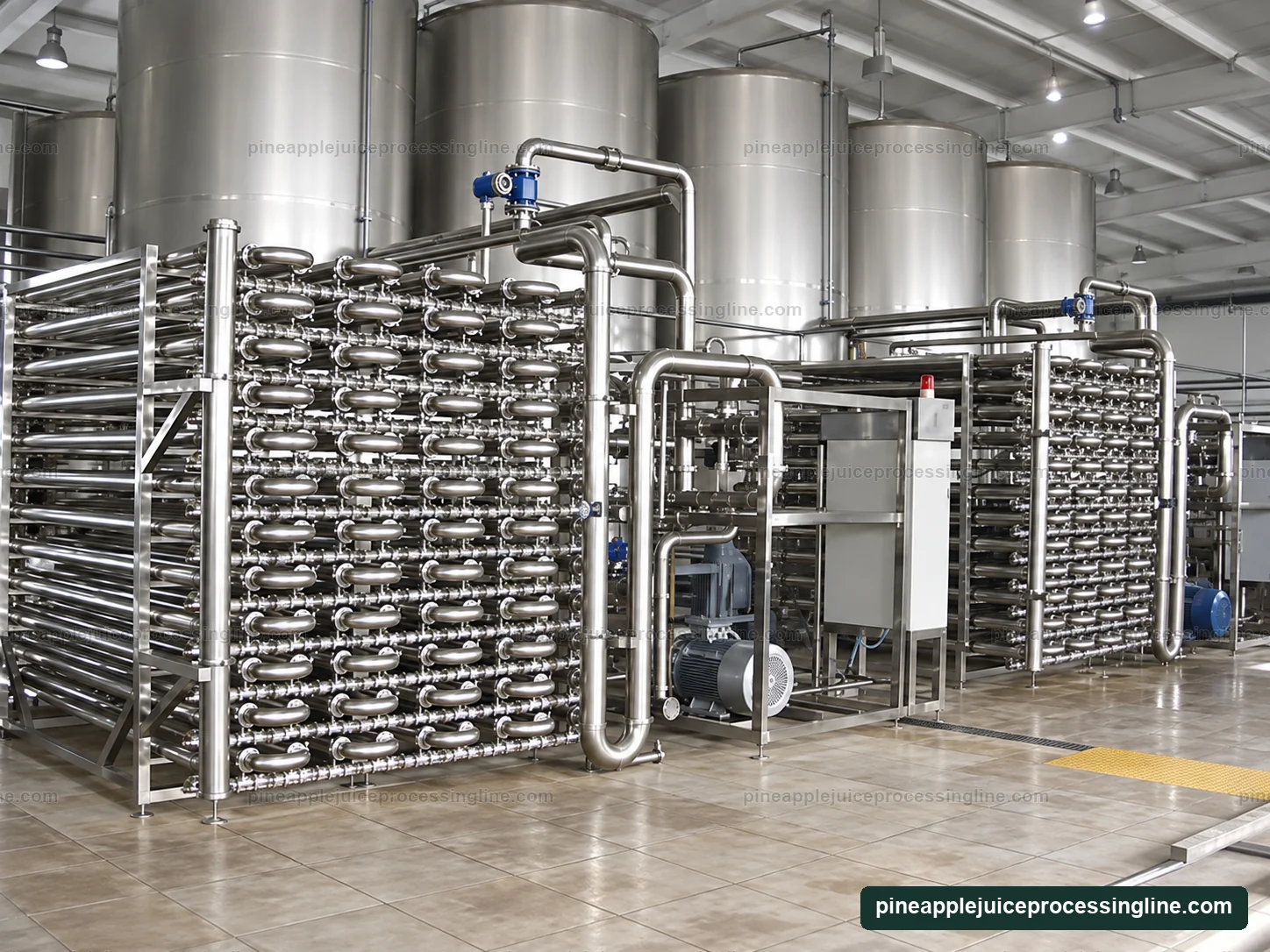 Two banks of horizontal tubular membrane housings with return bends, pipe headers, pump and control cabinet